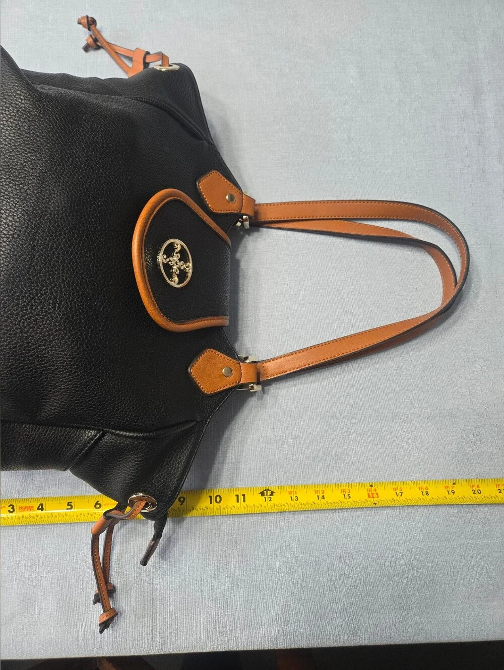 Stauer Black & Tan Shoulder Bag Gold Logo Large Satchel Tote
